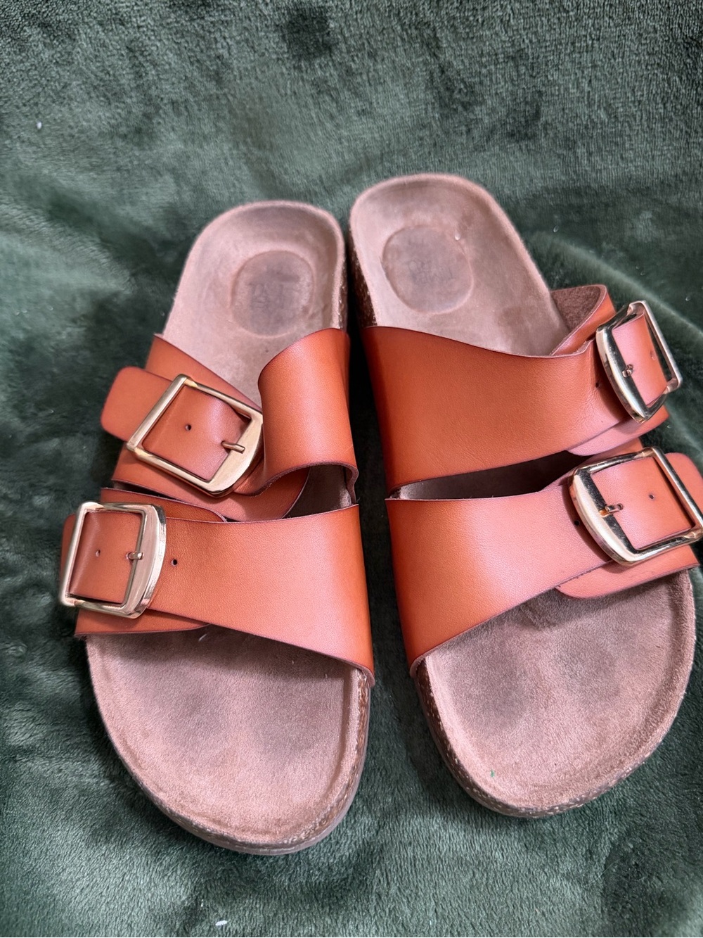 Women’s Double-Buckle Slide Sandals in Cognac Brown